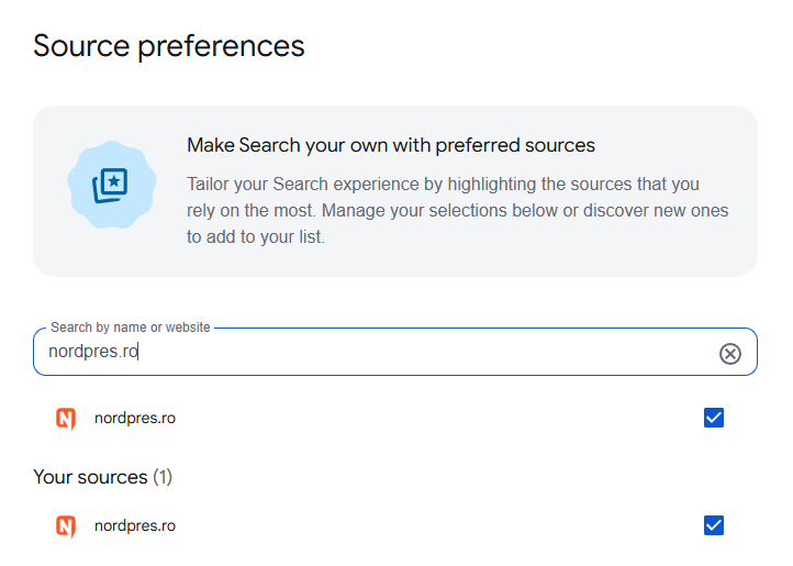 Pagina Google Source preferences cu nordpres.ro bifat