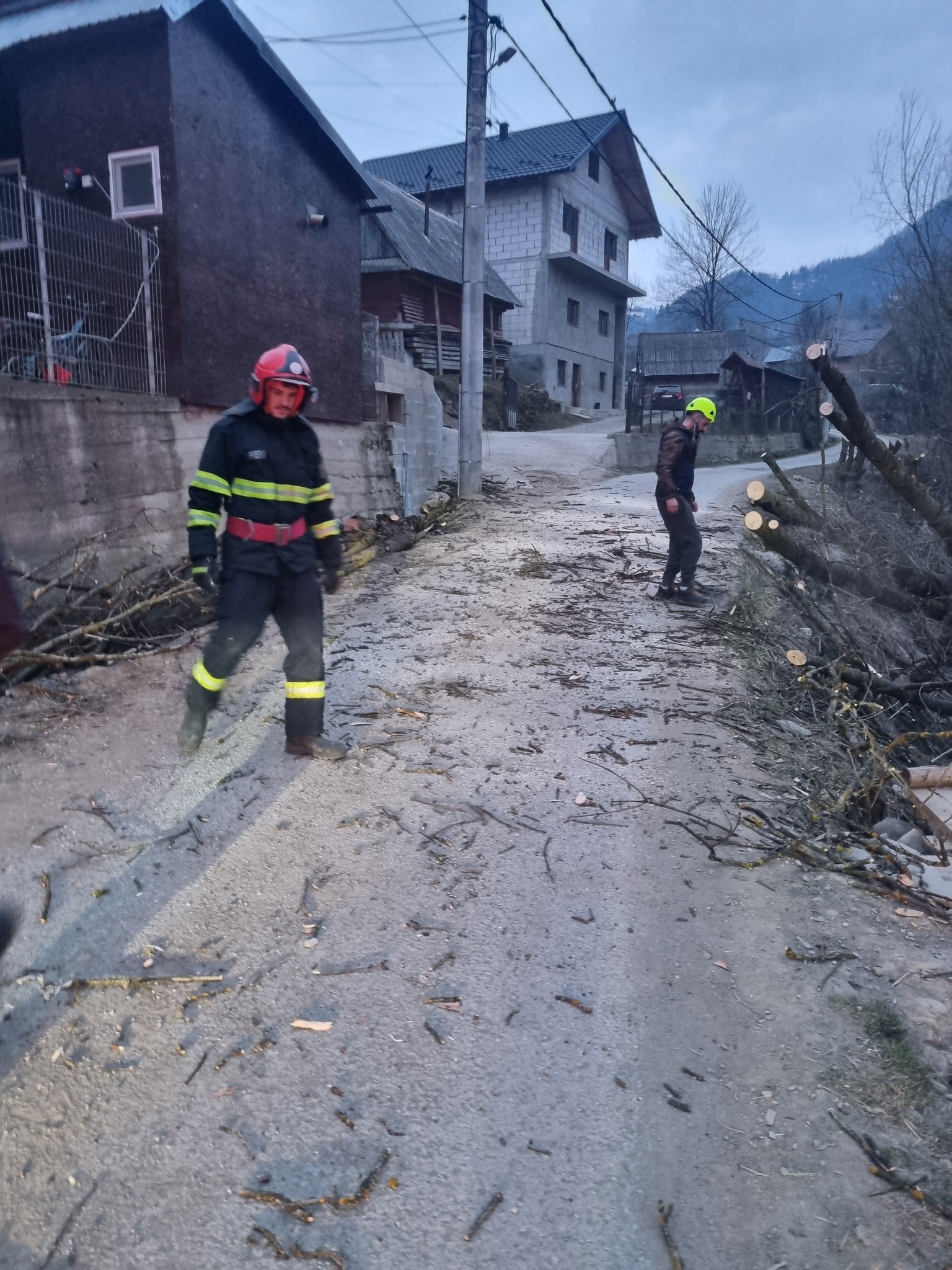 FOTO: Intervenție complexă SVSU Poienile de sub Munte - Arbore căzut pe cabluri electrice și victimă rănită pe drum