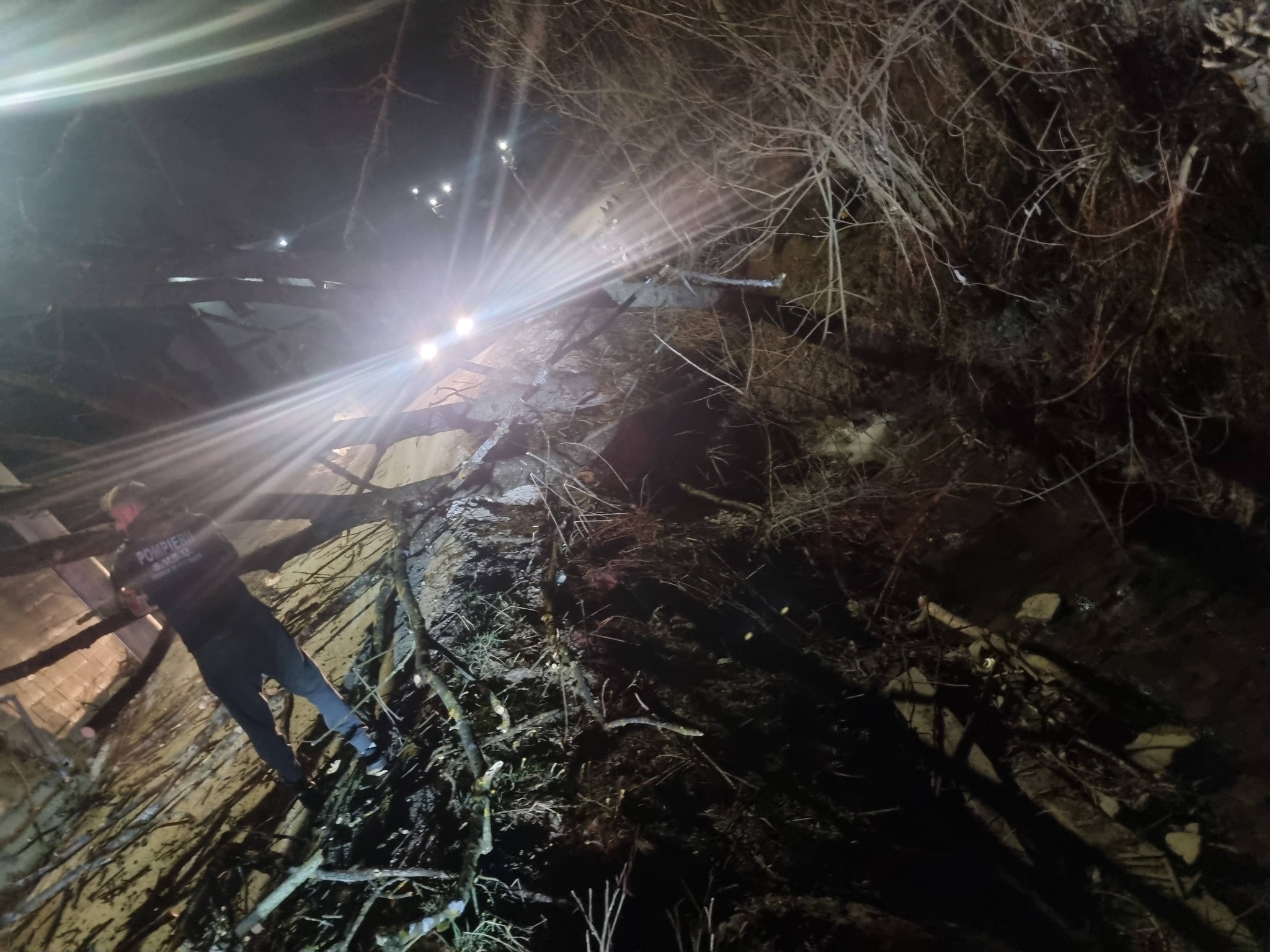 FOTO: Intervenție complexă SVSU Poienile de sub Munte - Arbore căzut pe cabluri electrice și victimă rănită pe drum