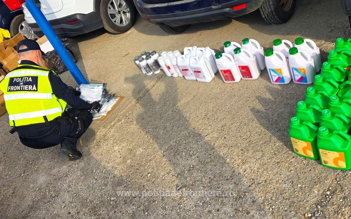 FOTO&VIDEO: Contrabandă cu insecticid - Aproape o tonă de insecticid fără acte, confiscată la frontieră. Patru persoane, cercetate penal