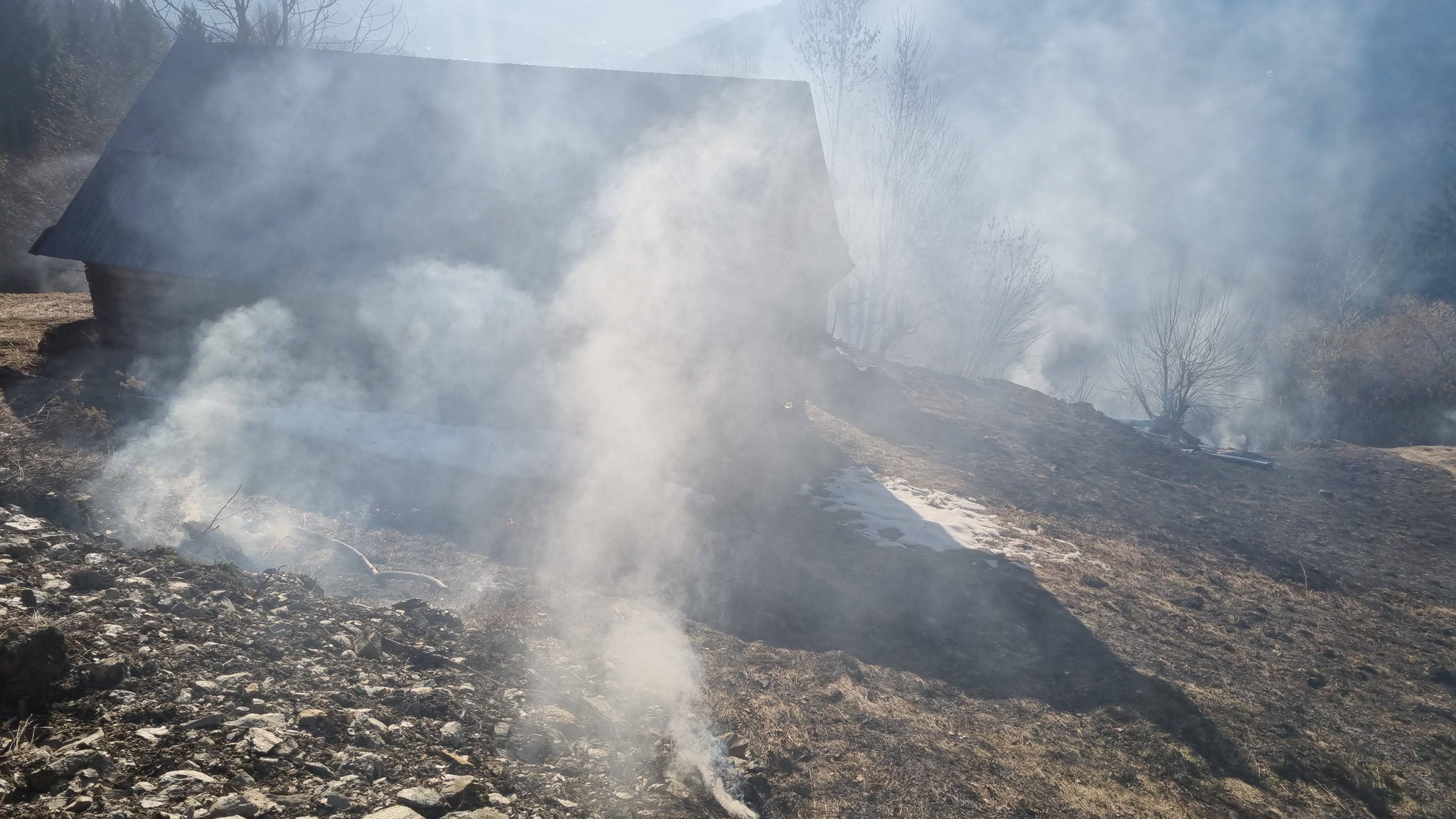 FOTO&VIDEO: Incendiu de vegetație în Poienile de sub Munte - O victimă transportată la spital și un șopru distrus de flăcări