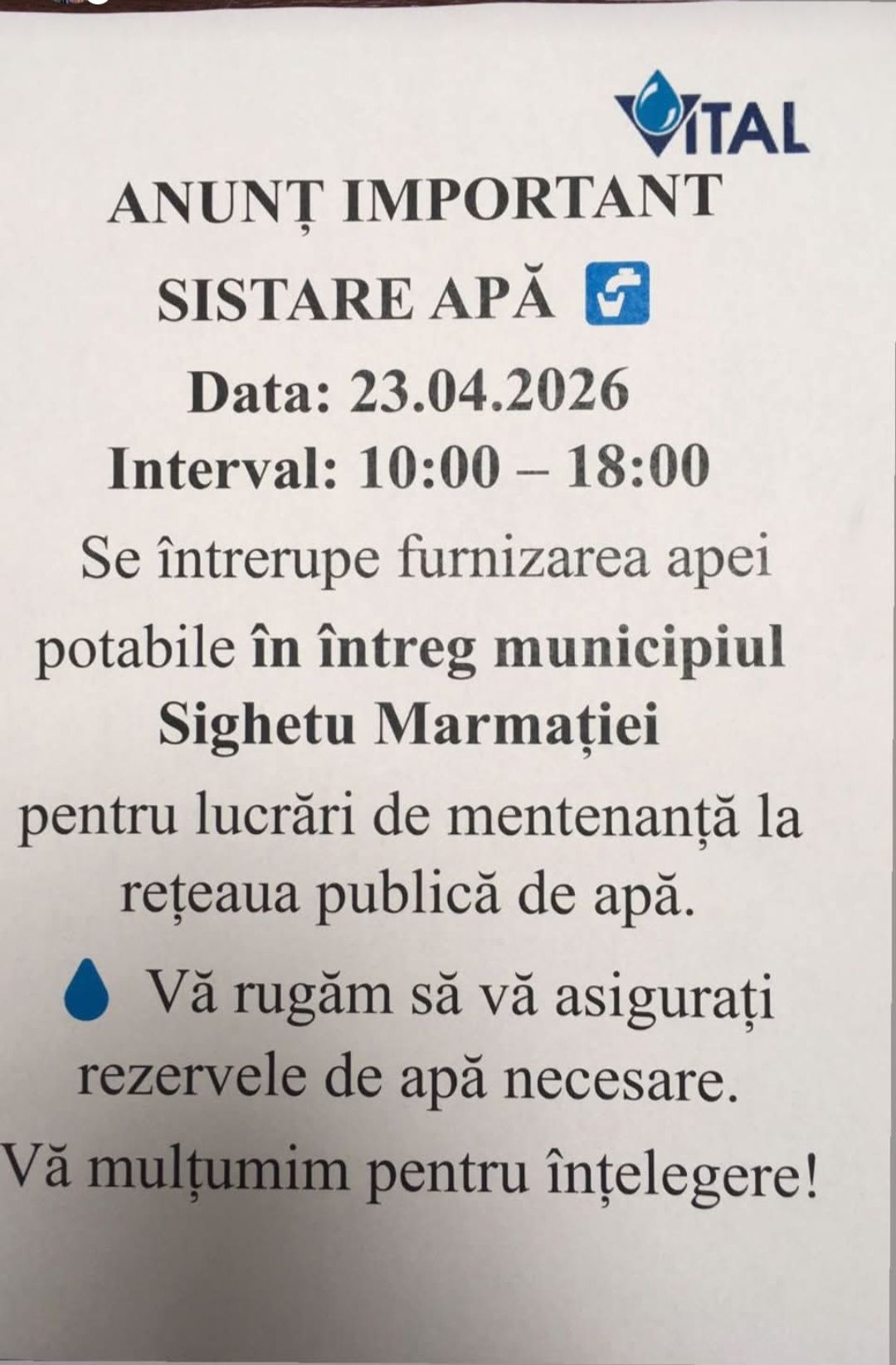 ATENȚIE - Furnizarea apei potabile va fi sistată temporar în Sighetu Marmației