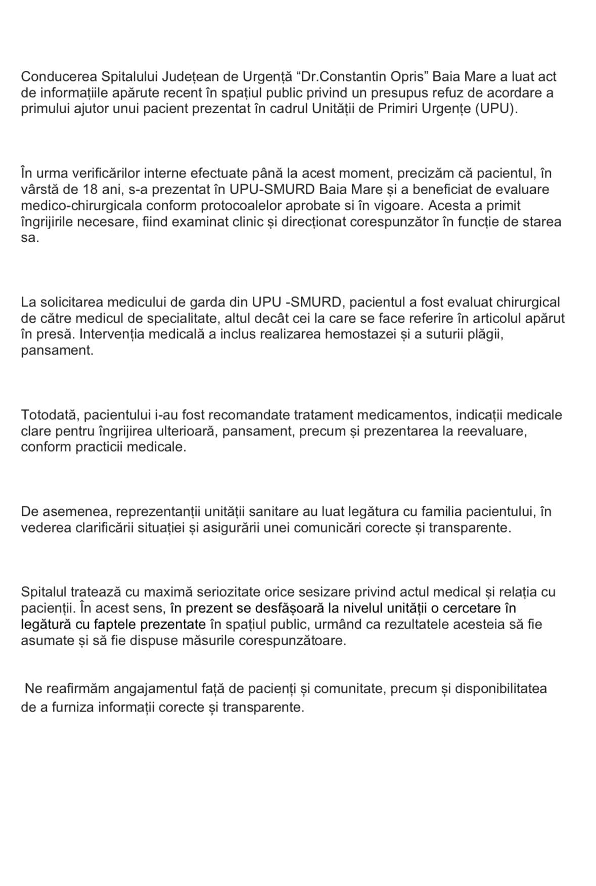 Baia Mare - Spitalului Județean de Urgență „Dr. Constantin Opriș” răspunde public după un caz mediatizat din UPU-SMURD