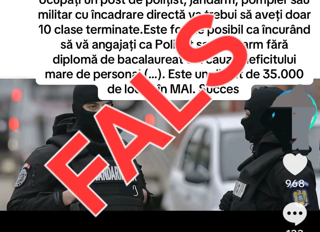 MAI dezminte o știre falsă virală - Nu se renunță la diploma de bacalaureat pentru angajarea în MAI