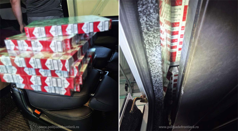 Țigări de contrabandă ascunse într-un plafon cu telecomandă, descoperite de polițiștii de frontieră. Șoferul a fost reținut